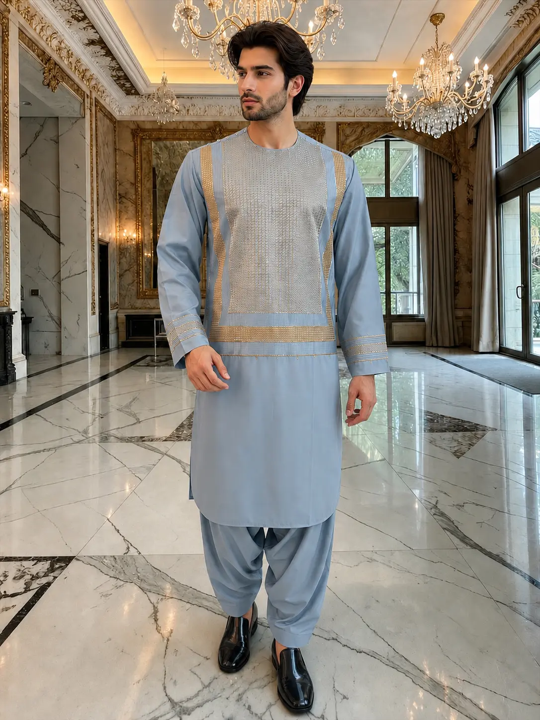 Large Luxury Sky Blue & Gold Embroidered Men’s Afghan Shalwar Kameez Set Yakhandozi – Premium Traditional Outfit