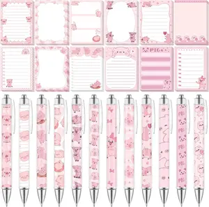 24Pcs Piggy Sticky Notes with Pens Pink Pig Themed Study Gifts Self Adhesive Notepad Cute Memo Notes Pads Black Ink Ballpoint Pen for Pig Lover Gifts Office School Students Teacher