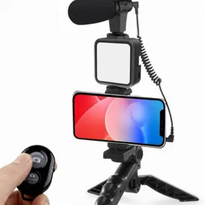 Video LED Cardioid Microphone + Extendable Phone Clip + Tripod Stand with Adjustable Brightness for Live Streaming, Vlog, Video, Video Conference, Selfie