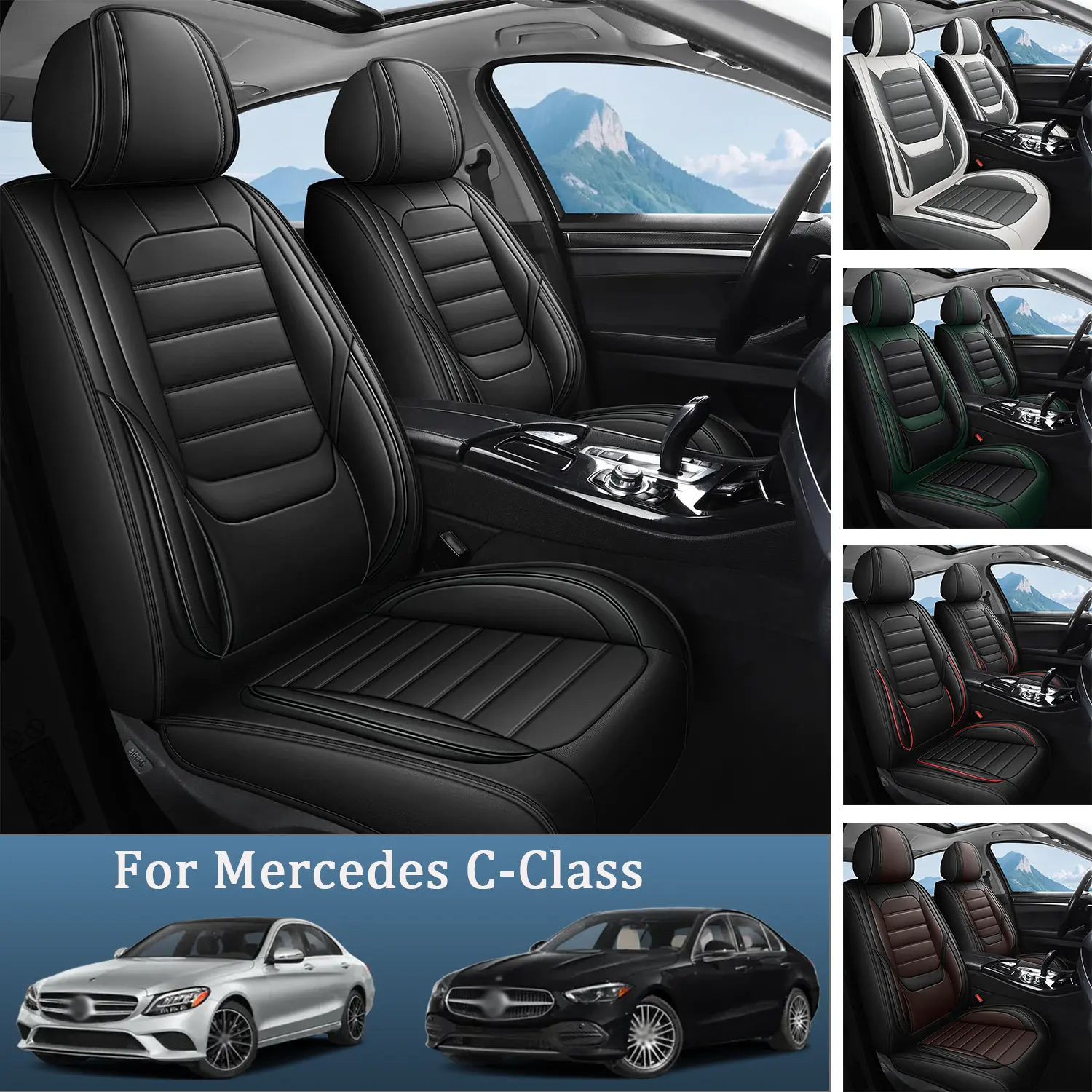 Luxury Car Seat Covers For Mercedes C-Class C200 C230 C240 C250 C280 C300 C320 C350 2/5 Seats, Nappa Leather Vehicle Seat Cover, Anti-Slip Lumbar Support And Comfortable, Waterproof Upgraded Version, Cars Accessories