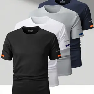 4-pack quick-dry, breathable sports T-shirts designed for fitness enthusiasts, featuring reflective stripes in gray, green, blue, and black, size medium
