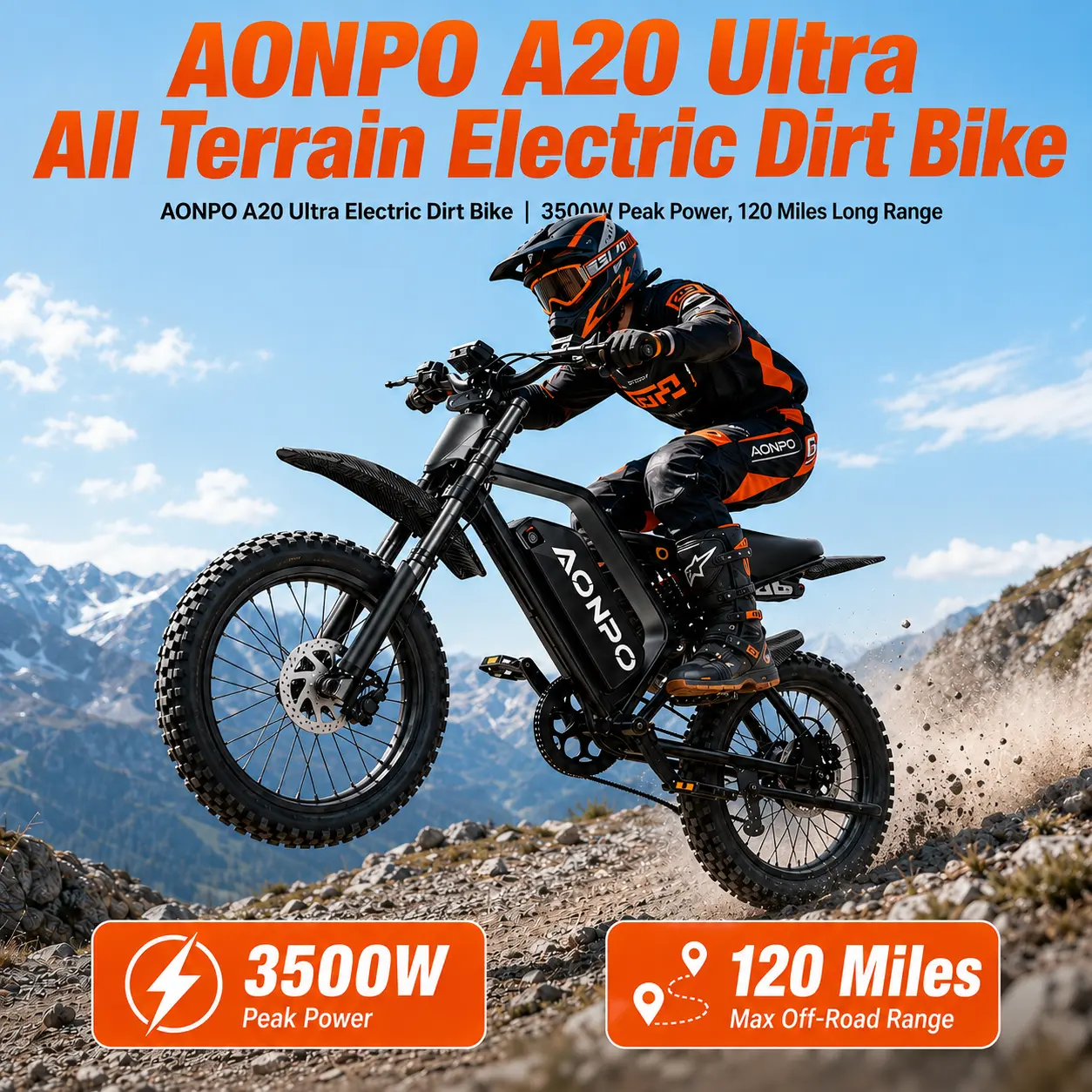 AONPO A20 Ultra All-Terrain 17" Fat Tire Electric Dirt Bike for Adults, 3500W Peak Motor, 52V 30Ah Battery for 120mi Range, Full Hydraulic Suspension and Dual Hydraulic Disc Brakes, Unisex, Hydraulic Brake