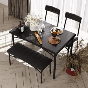 Space-Saving Industrial Dining Table Set for 4, Rectangular Dining Table with Upholstered Chairs & Bench, Durable Metal Frame Rustic Brown Black Furniture for Small Apartment Dining Room Studio