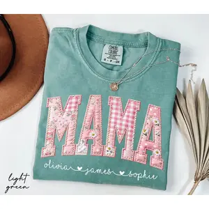 Personalized Mom Shirt, Custom Kids Names Tee, Floral Patchwork Mama T-Shirt, Mother's Day Gift Idea, New Mom Aesthetic Apparel, Comfort Colors Vintage Wash Unisex Shirt, Personalized Family Name Gift