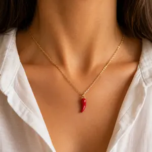 Italian Red Horn Necklace 14k Gold Plated Cornicello Good Luck Pendant Hypoallergenic Italian Amulet Protection 18 Inch Gift for Women 585/14K