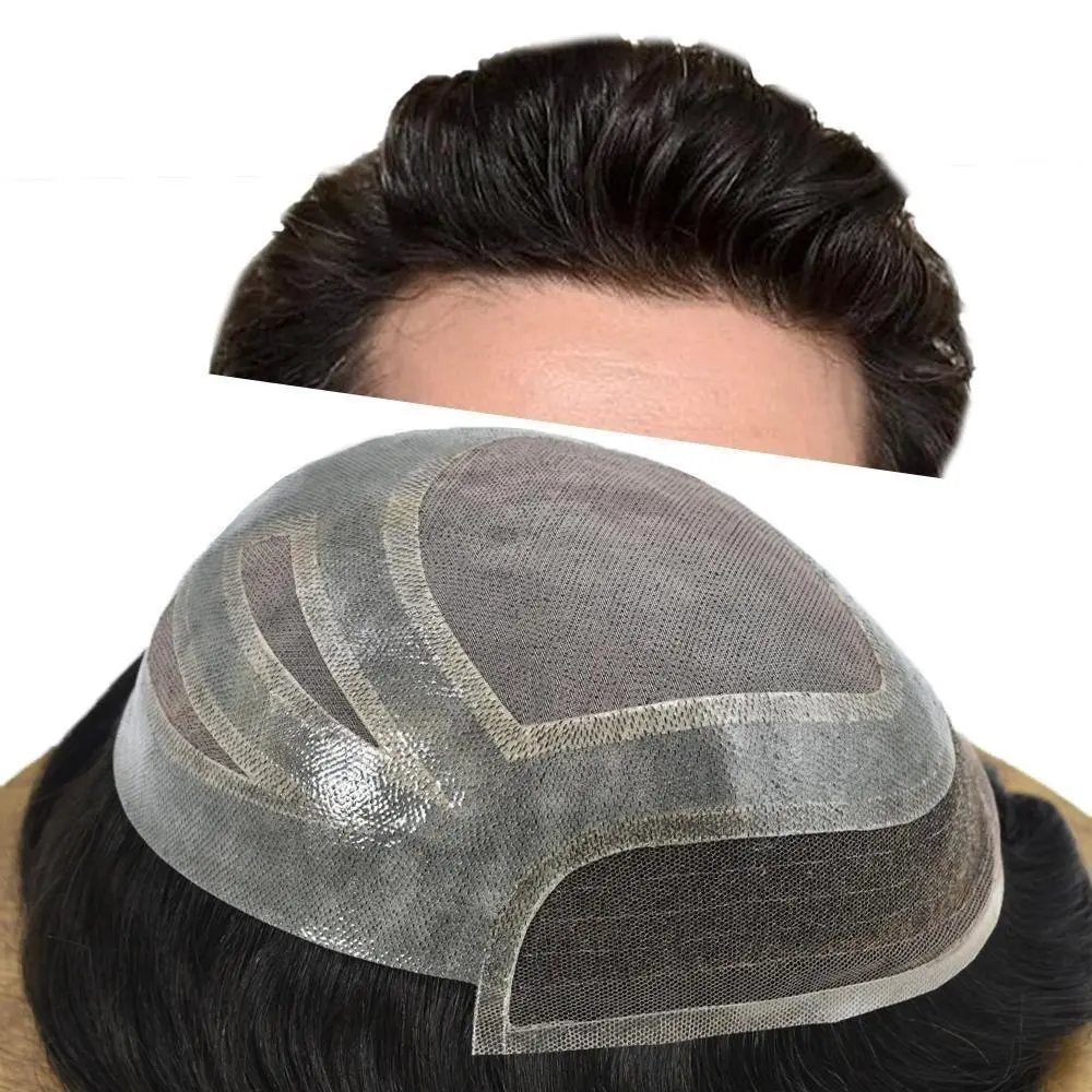 Mens Hairpiece Swiss Lace Front Toupee For Men European Human Hair Replacement System Bleached Knots Natural Hairline Fine Mono Clear Poly Skin Male Hair Prosthesis