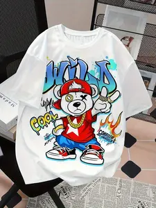 Men'S Graphic T-Shirt - Loose Fit Streetwear Tee with Graffiti Bear & WILD Print in Red/Blue/Black/White - Soft Breathable Fabric for Everyday, Travel, Parties - Machine Washable Urban Fashion Top, Casual Streetwear, Party Attire, Street Style Shirt, Comf