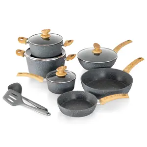 Kitchen Academy Granite Pots and Pans Set Non Stick, 12 Piece Cast Induction Cookware Set, Black Nonstick Kitchen Cooking Set w/Frying Pans & Saucepans(PFOS,PFOA,PFAS,PTFE Free)