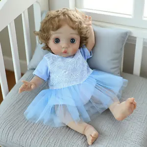Realistic Reborn Baby Dolls 16" Peeka Newborn Girl with Curly Hair Lifelike Details Soft Body Complete Accessory Set Blue Tutu Dress No Bunny Toy