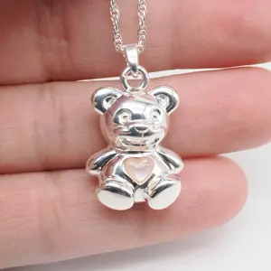 Bear Pink Stone Cremation Keepsakes 925 Sterling Silver Pendant Necklace Jewelry