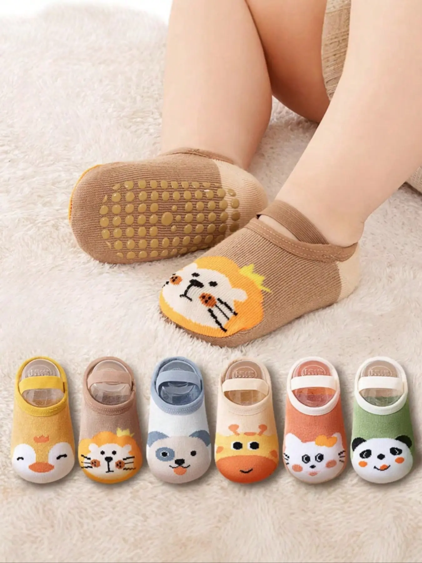 6 Pairs Kids Socks, Baby Toddler Non-Slip Indoor Floor Socks, Cartoon Animal Design, Unisex Children Anti-Skid Socks for Boys & Girls