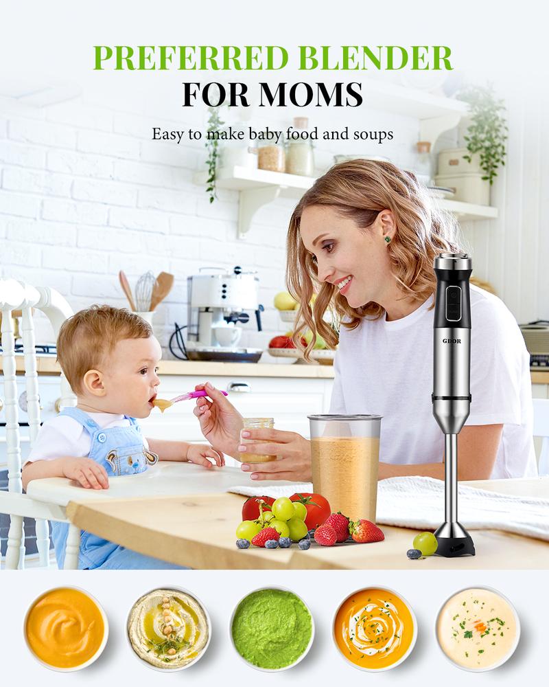 GDOR 1000W Immersion Hand Scratch Resistance Blender with 20 Speed & Turbo Mode, Dough Hooks, Beaker, Chopper & Titanium Blades, Portable Design