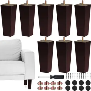 Set of 8 6 Inch Square Solid Wood Furniture Legs, Replacement Sofa Couch Feet Mid Century for Armchair Bed Dresser Cabinet, Include Installation Hardware, Brown