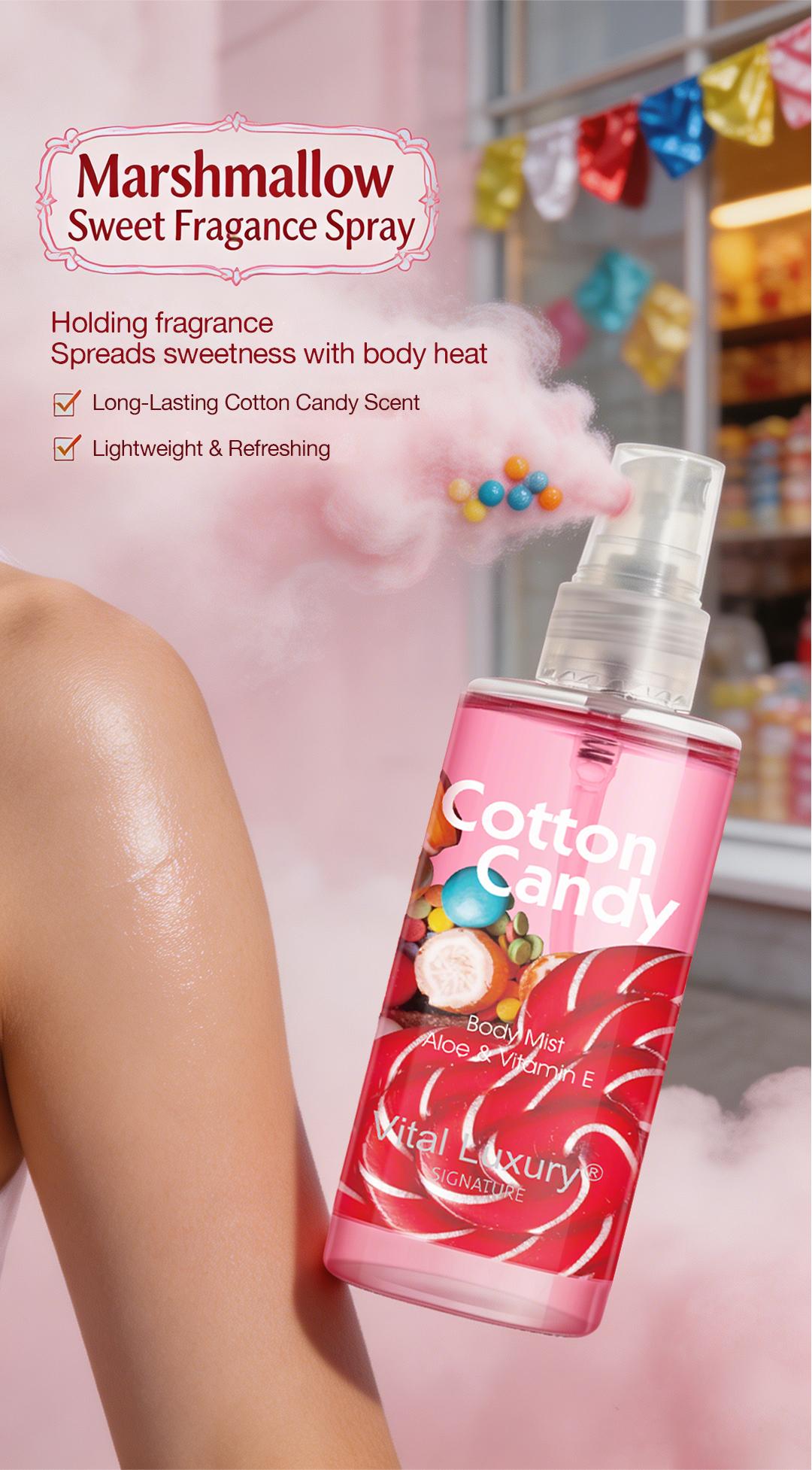 Mother's Day Gift-Vital Luxury Cotton Candy Scented Bath-3 Travel Set - 3oz Shower Gel,3oz Body Lotion, 3oz Body Mist & 2.5oz Bath Salts | SilkyLather, All-Day Freshness, Intense Moisture | Ideal Gift forMom, Wife, Sister & Girlfriend