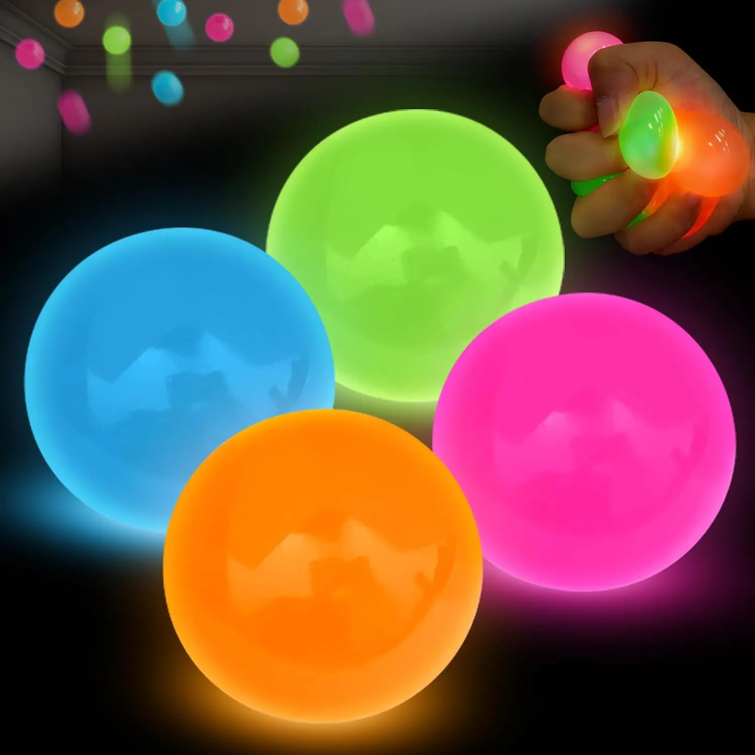 4Pcs Glow in The Dark Sticky Sensory Balls, Upgraded Glowing Balls Stick to Ceiling, ASMR Stress Relief Fidget Toys for Kids Adults, Party Favors Stocking Stuffers