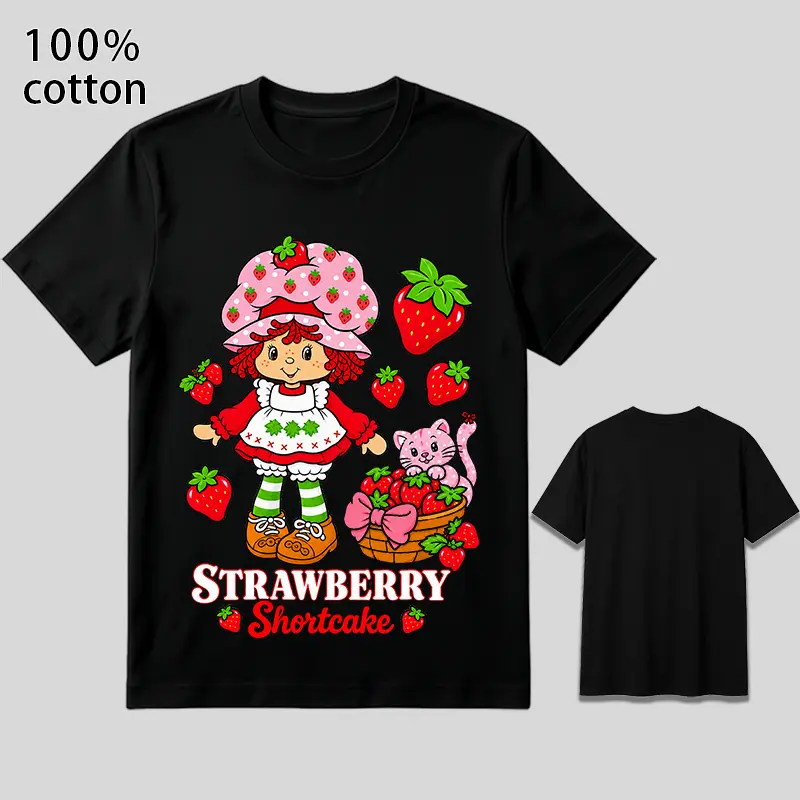 100% Cotton Retro Strawberry Girl Graphic T-Shirt Cute Berry Cartoon Unisex Crew Neck Short Sleeve Tee sohochic