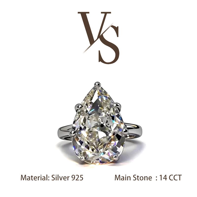 [Venus Jewelry] Lab Created Gemstone 14 CCT Pear Shape Solitare Design VVS 1 D Color Solid Silver 925 Solitare Ring