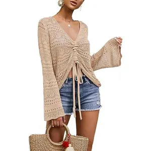 PiePieBuy  Women's Boho Crochet Pullover - Off-Shoulder Sheer Crop Top Flowy Bell Sleeve with Ruched Detail  Soft