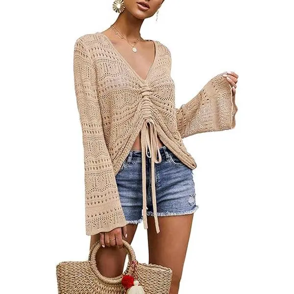 PiePieBuy Women's Boho Crochet Knit Crop Top - Sheer Off-Shoulder Bell Sleeve V-Neck Drawstring Casual Fashion Apparel, Minimalist Romantic Swimsuit Cover-Up, Romance