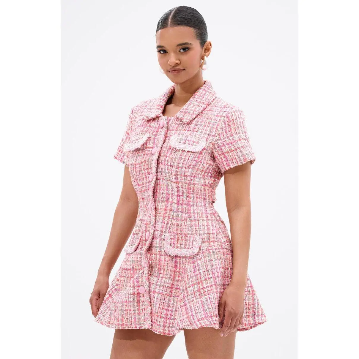 TAKE NOTES TWEED MINI DRESS IN PINK