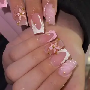 24pcs Medium Square Nail Tips, Press-On French Manicure, 3D Gel Petals, Pearl Design, Sweet Style, Flower Design Nails, Nail Art Design, Easy Wear Acrylic Nails Set