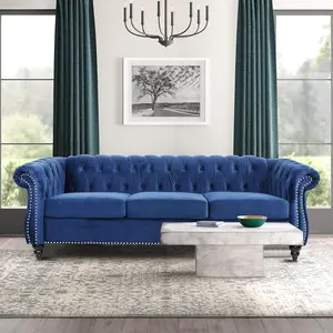 Velvet Chesterfield Sofa, 84'' Modern Tufted 3 Seater Couch with Scroll Arms and Wood Legs for Living Room Bedroom (Blue), Blue Velvet, 84 in Chesterfield Sofa