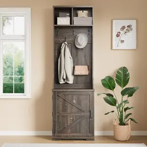 23.6" Coat Rack Cabinet with Shoe Storage,  Farmhouse Small Hall Tree with 5 Hooks, Shoe Cabinet & Open Shelves, Entryway Shoe Storage Bench for Mudroom, Hallway, Living Room, Brown/White