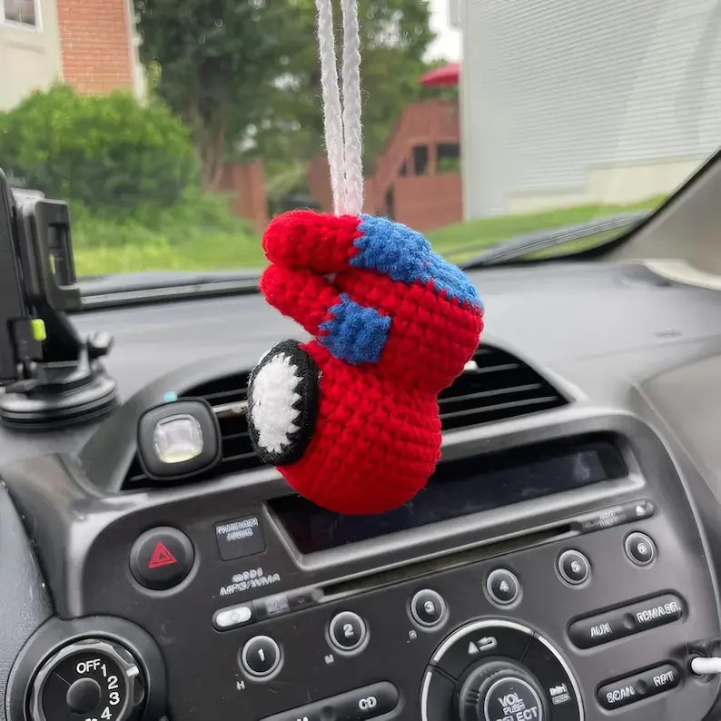 Crochet Superhero Spider Doll Hanging Charm, Cute Peeking Car Accessory, Amigurumi Backpack Charm, Gift for Comic Fans, Halloween decor