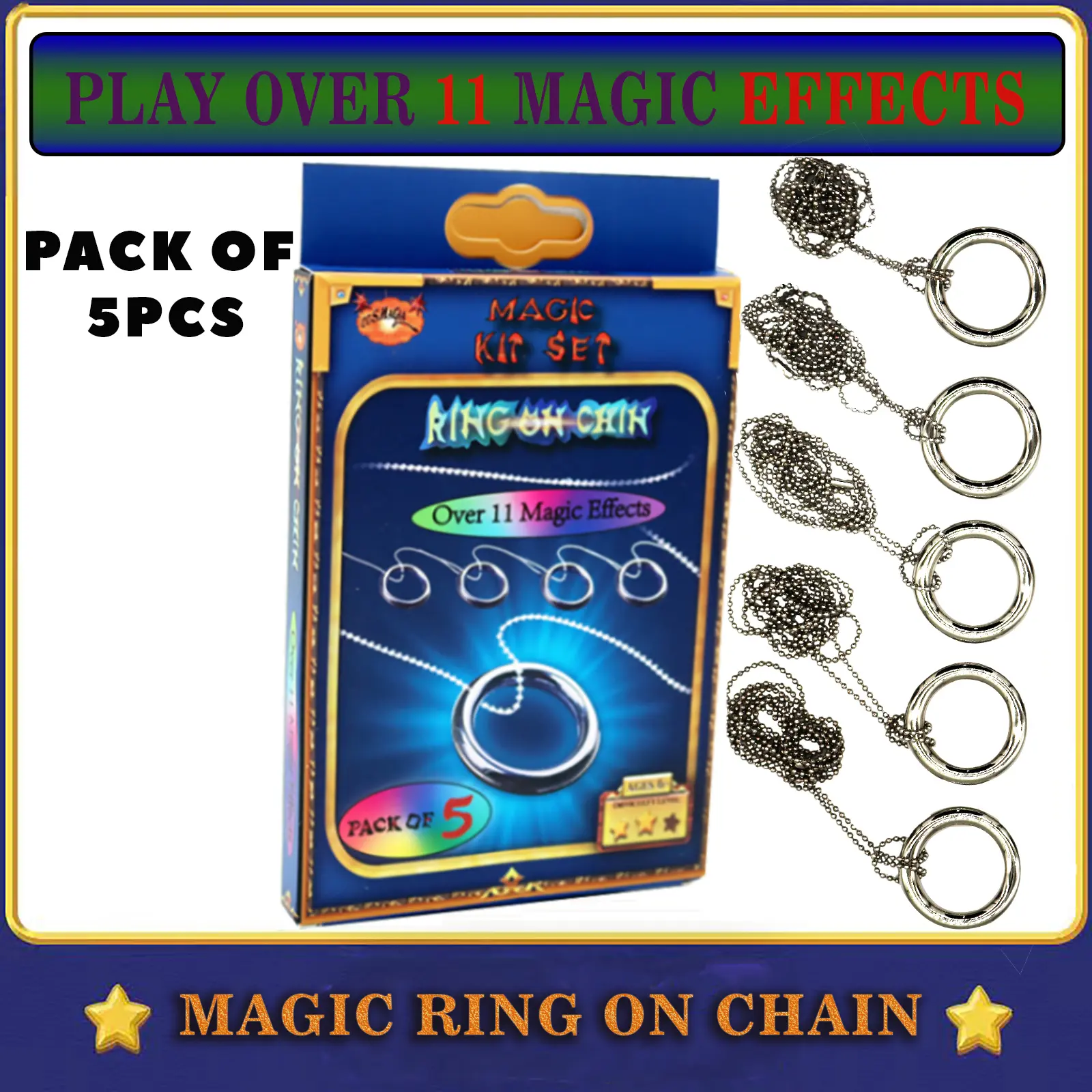 Magic Tricks Magic Ring on Chain, 5PCs Close Up Chain Magic Illusion Necklace Through Knots, Infinity Jardine Ellis Ring for Performing Over 11 Stage Mentalism Magic Effects with Video Instruction
