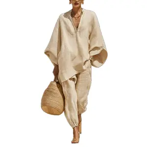 Women's Spring Summer Casual Solid Linen Batwing Sleeve Pants Set, Batwing Sleeve V‑Neck Oversized Loose Lazy Style Matching Pants Set, Comfortable Daily Wear