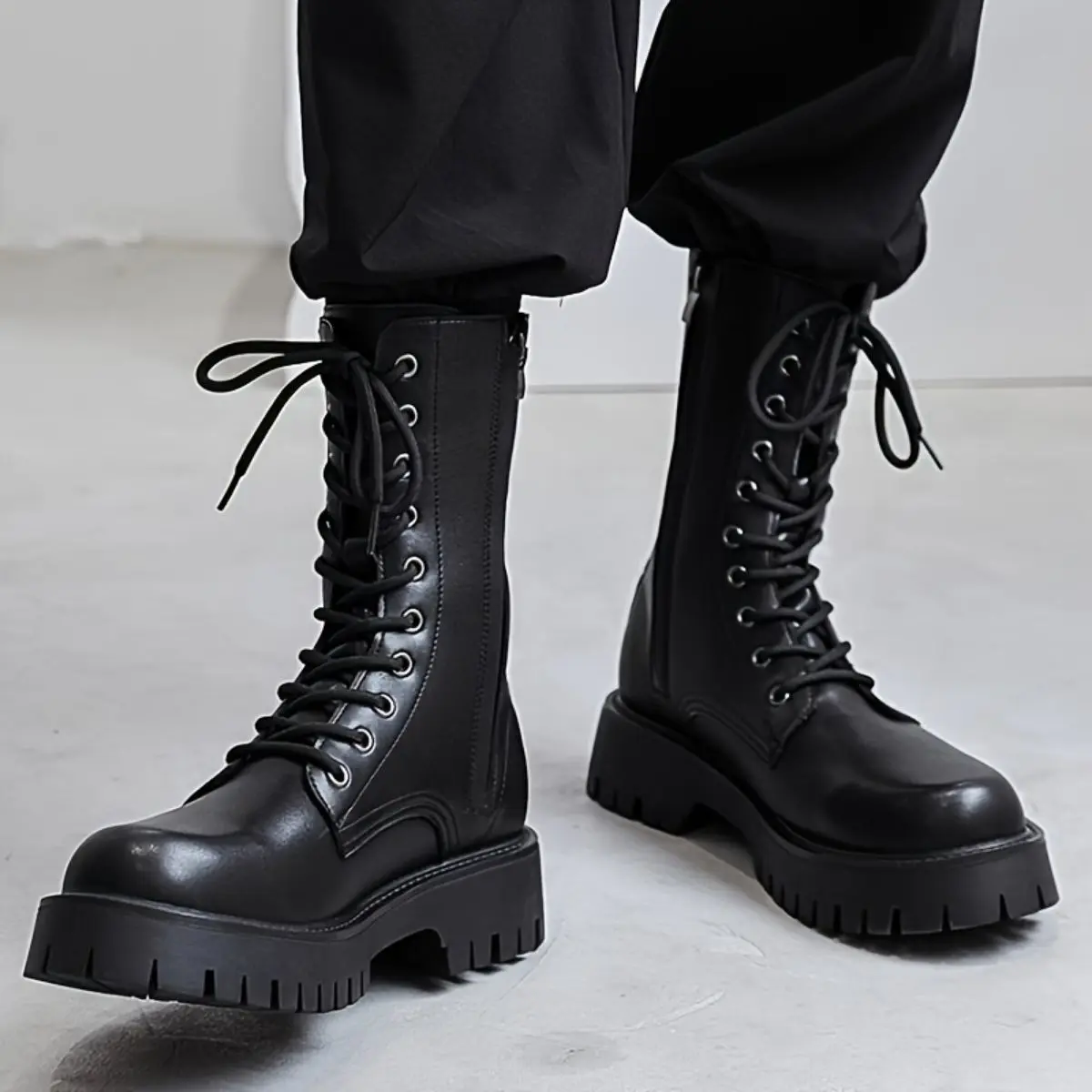 Men's Stylish High-Top Boots - Versatile for All Seasons, Classic Solid Color with Zip & Lace Closure, Durable Rubber Sole - For Men - Suitable for Casual & Formal Occasions - Perfect Gift for Fashionable Men