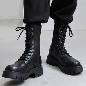 Men's Stylish High-Top Boots - Versatile for All Seasons, Classic Solid Color with Zip & Lace Closure, Durable Rubber Sole - For Men - Suitable for Casual & Formal Occasions - Perfect Gift for Fashionable Men