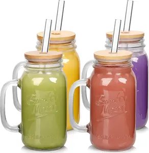 24oz Mason Jars Tumbler with Handle - Glass Cups with Lids and Straws Drinking Glasses Coffee Mug Glasses Drinking Set Iced Coffee Cup Smoothie Cup Tea Cup Travel Coffee Mug Water Cup