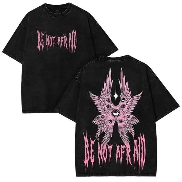 Men's Gothic 100% Cotton Short-Sleeve Loose-Fit Graphic Tee - 'Be Not Afraid' Wing Print, Distressed Oversized, Retro Streetwear, Alt Menswear Top, Casual Fabric, Foldable, Back to School Pick