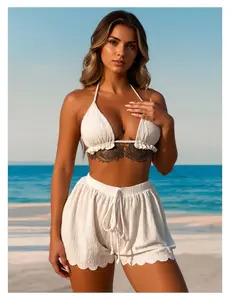 White Bikini Set for Women - Ruffled Halter Two Piece Swimsuit with High Waisted Cover Up Shorts - Scalloped Beach Bathing Suit - Summer Vacation Swimwear