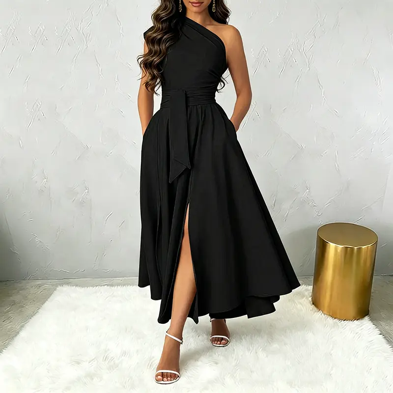 Women's 1-Shoulder Belted Polyester Maxi Gown - High-Waist Formal Dress with Zip, Hidden Pocket Convenience, Slit, Plus Size for Wedding Guest, Birthday Events