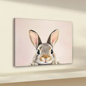 1pc Wooden Framed, Cute Pink Rabbit Print Poster, Neutral Vintage Style Easter Bunny Wall Painting, Farm Easter Print Art Canvas, Animal Cottagecore Wall Pictures, Ideal For Bathroom, Bedroom, Office, Living Room, Wall, Room, Home Decoration