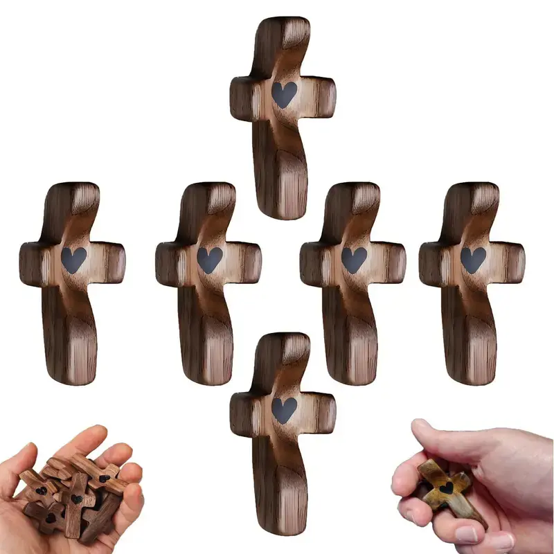 3-10PCS Wooden Cross Fidget Cross My Heart Pocket Prayer Cross Handmade Wooden Cross Fidget, Encouragement Christian Gift