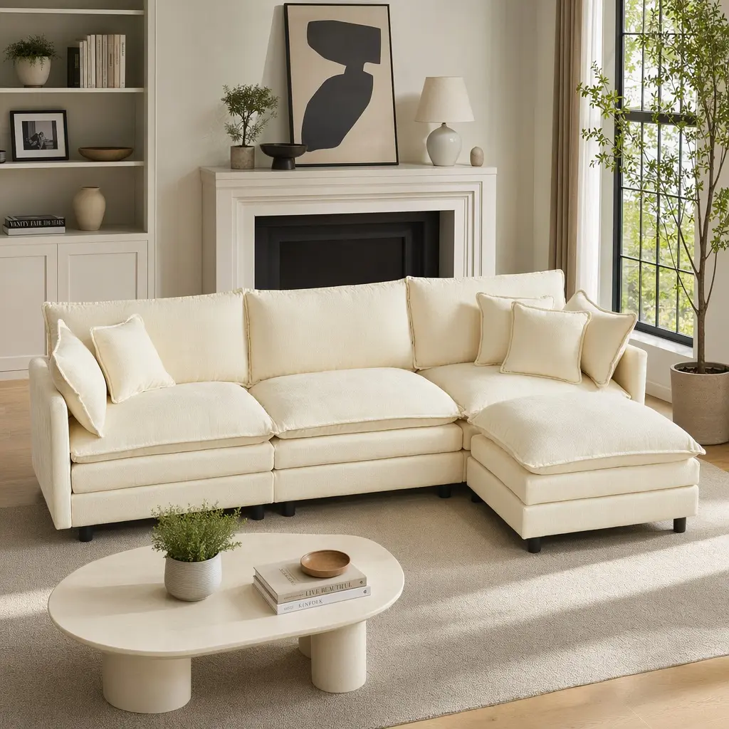 Modular Sectional Sofa 110 Inch L Shaped Couch Set for Living Room 3 Seater Cloud Couches with Movable Ottoman DIY Combination Chenille Beige Wood Frame Medium Soft Cushion Contemporary, Beige Color Options, Chenille Material