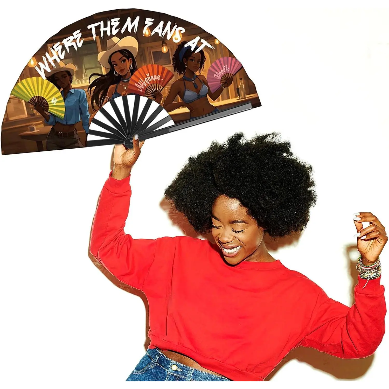 Large Folding Fan - Where Them Fans At Clack Fan, Line Dance Popping Fan, Boots On The Ground, Large Festival Hand Folding Fans, 26In, Black Folding Fans, Dj Lighting Folding Fans