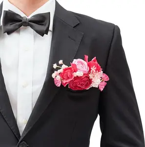 TINGE TIME 1 PCS Groom Boutonniere for Wedding, Luxury Pocket Boutonniere Card Groomsmen Boutonniere Pins for Wedding Ceremony Anniversary, Dinner Party, Prom Flowers and Vintage (Hot Pink)