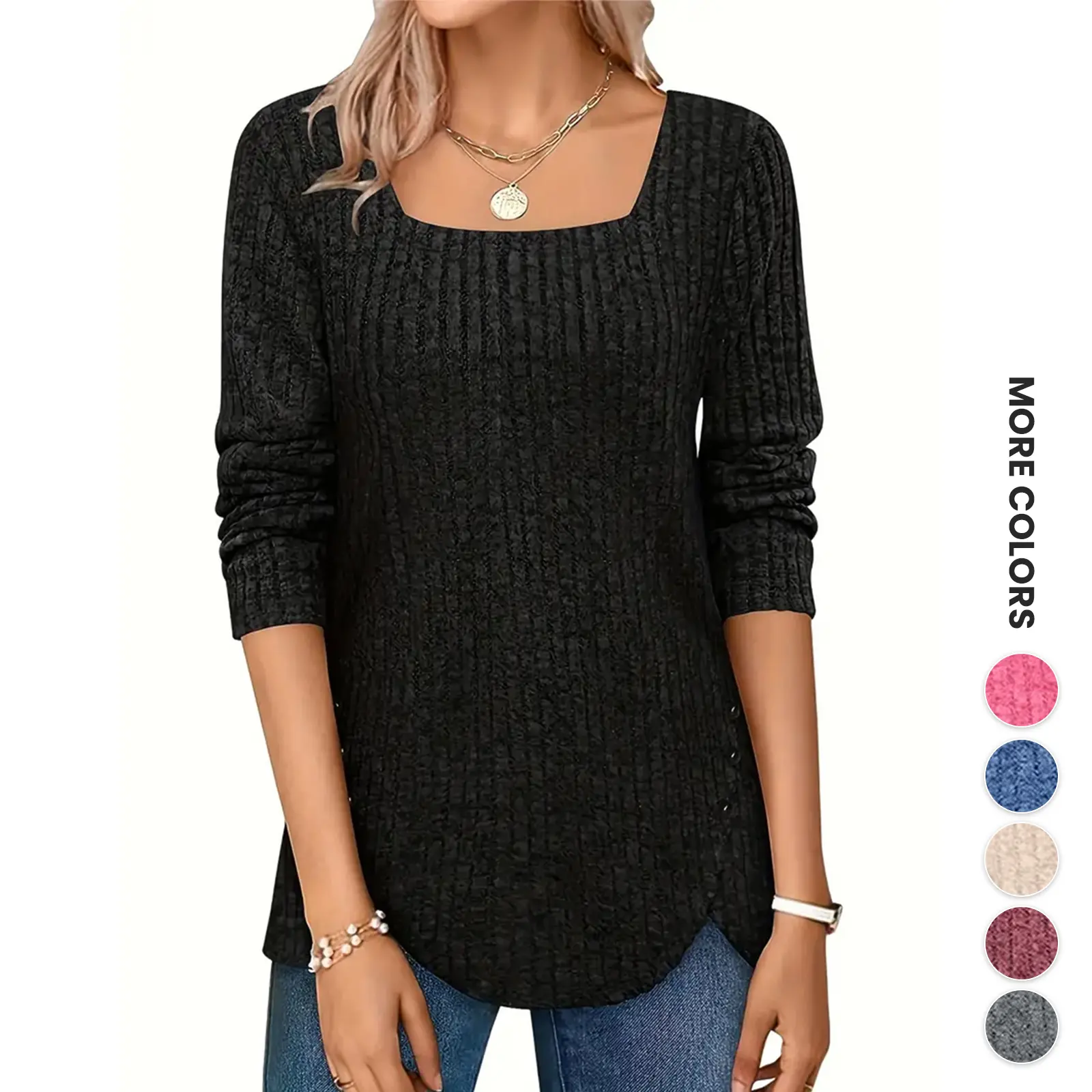 Wodubu Women's Essential Knitwear, Fall Lightweight Long Sleeve Square Neck Basic Fit Button Tunic Tops, Chic, Casual