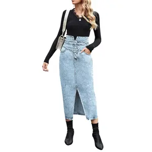 utcoco Women's Midi Jean Skirt High Waisted Slit Hem Slim Fit Pencil Denim Skirt