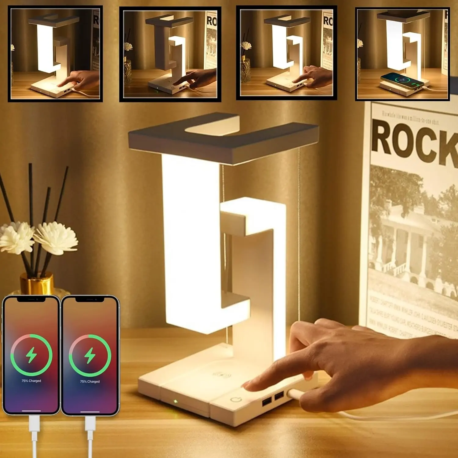 Table Lamp - Bedside Lamps with USB Port and Wireless Charger, 3 Light Modes Dimmable Touch Lamp, Tensegrity Levitating LED Night Light, Unique Gifts for Office, Nightstand, Bedroom, Living Room, Home Decor