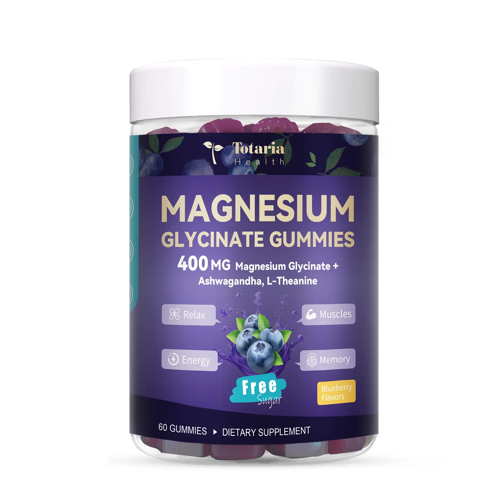 Totaria Magnesium Glycinate Gummies | 400mg with Ashwagandha, L-Theanine, High Absorption for Sleep, Relaxation, Brain & Muscle - 60 Count Blueberry Flavor (Sugar Free & Vegan)