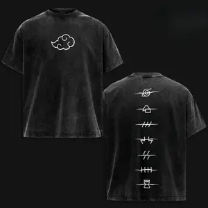 Unisex Naruto Anime Akatsuki Clan Logo Retro Washed Men’s Shirts, Oversize Heavyweight Cotton Short-Sleeve Round Neck Tshirt, High-Quality Vintage Streetwear Top for Naruto Fan Casual Wear good tees graphic
