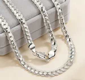 1Pc Exquisite 6mm 925 Silver Plated Men'sWomen Flat Edge Chain Necklace, Simple Style, AVariety Of Sizes To Choose From, FashionableCouple Jewelry Gift Cuban Link Design chain crossnecklace initialnecklace men's jewelry cuban linkchain