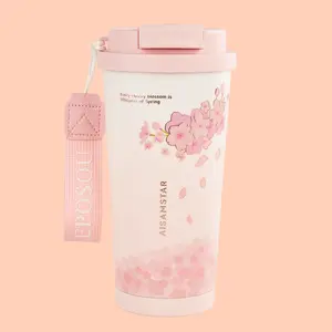 EPOSOU 500ml Insulated Stainless Steel Coffee Tumbler with Carry Rope, 2-in-1 Lid Flask