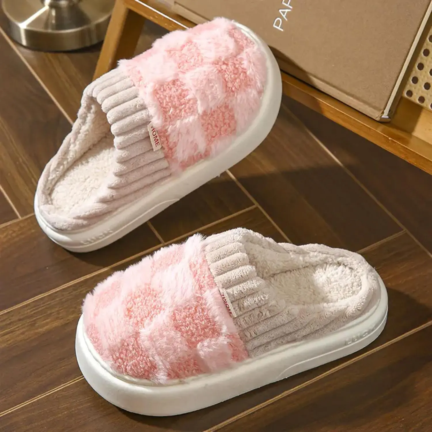 Women's Cotton Round Toe House Slippers - Cozy Plaid, Fluffy Fleece Cloud Soft House Slides for Fall Winter, Cute Couple Indoor Shoes