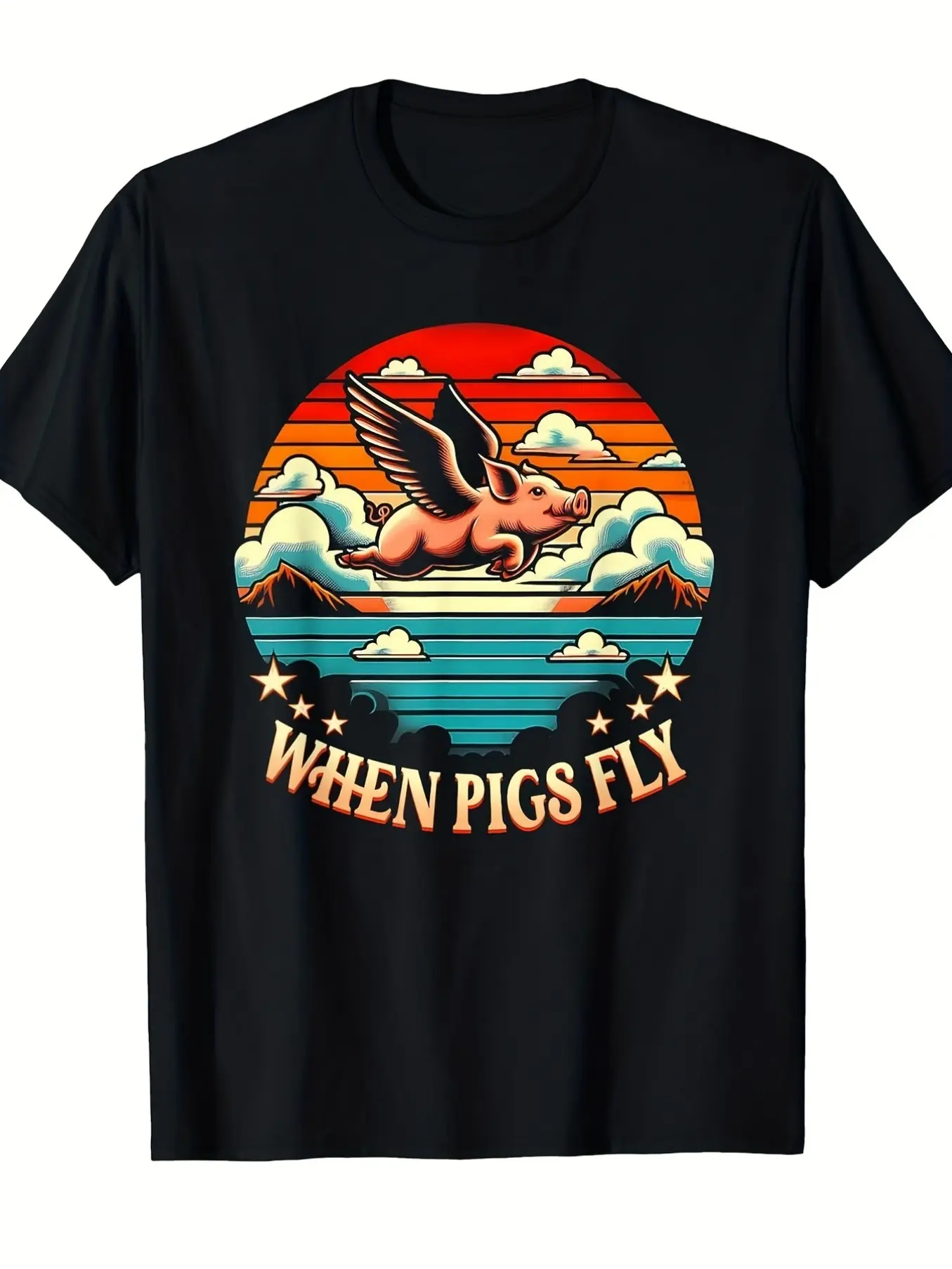 When Pigs Fly Retro Sunset Flying Pig Graphic T-Shirt, Vintage Circle Badge Men Cotton Casual Tee